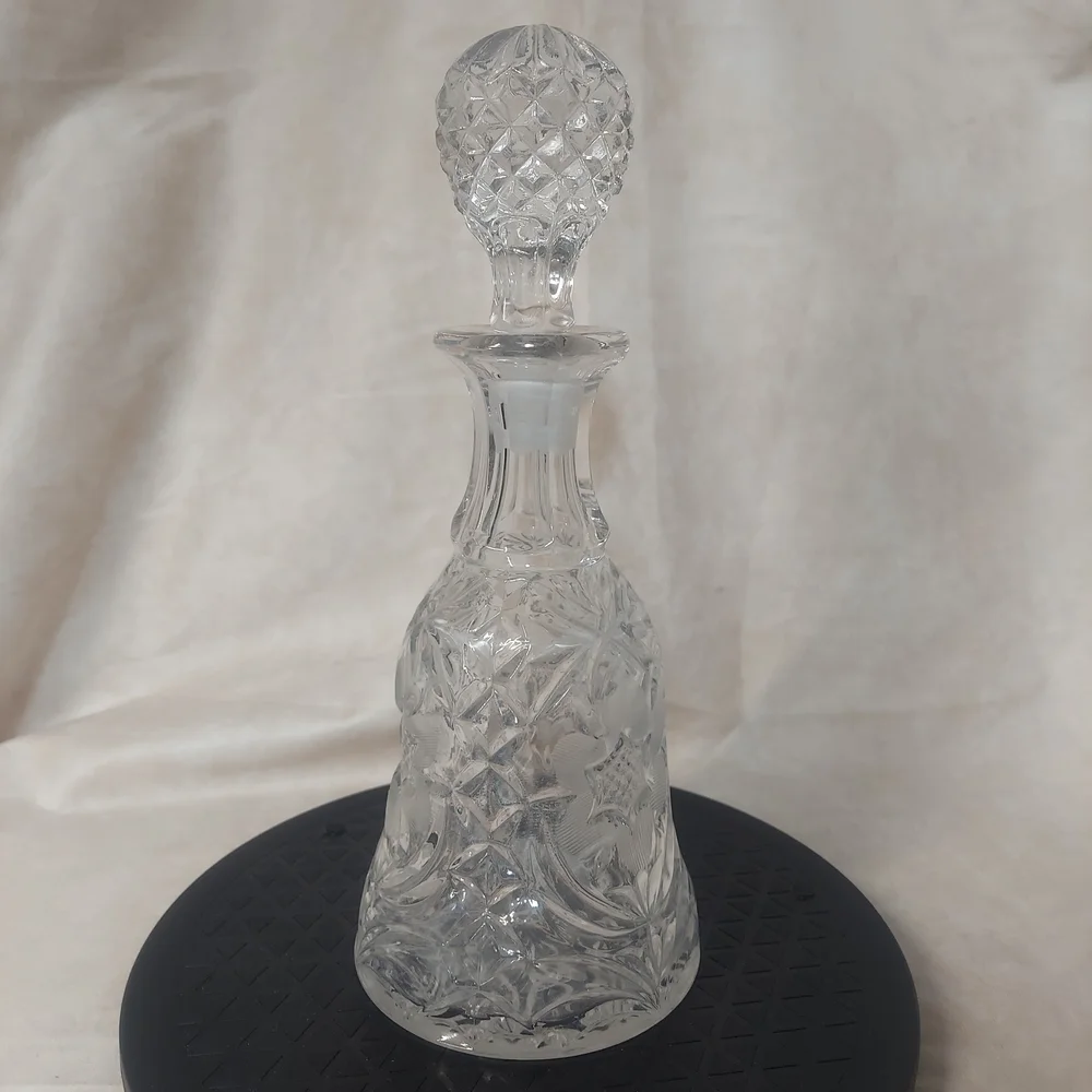 Vintage Bell-Shaped Cut Crystal Decanter with Etched Floral Design & Stopper
